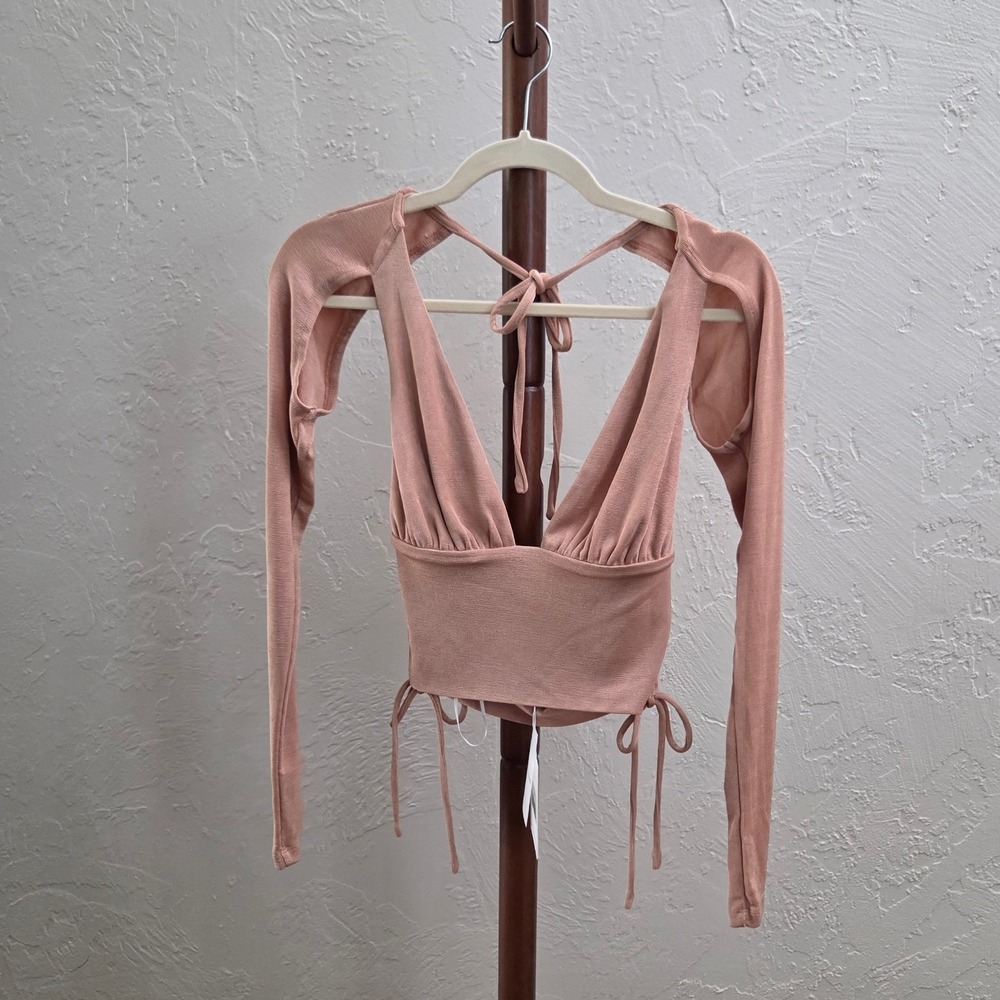 T276. Long Sleeve Plunging V-neckline Open Back Top